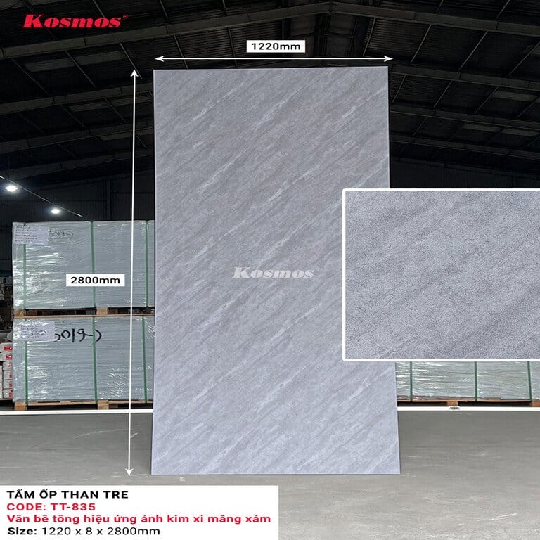 Tấm Ốp Than Tre Kosmos TT-835 - Vân Bê Tông Hiệu Ứng Ánh Kim Xi Măng Xám