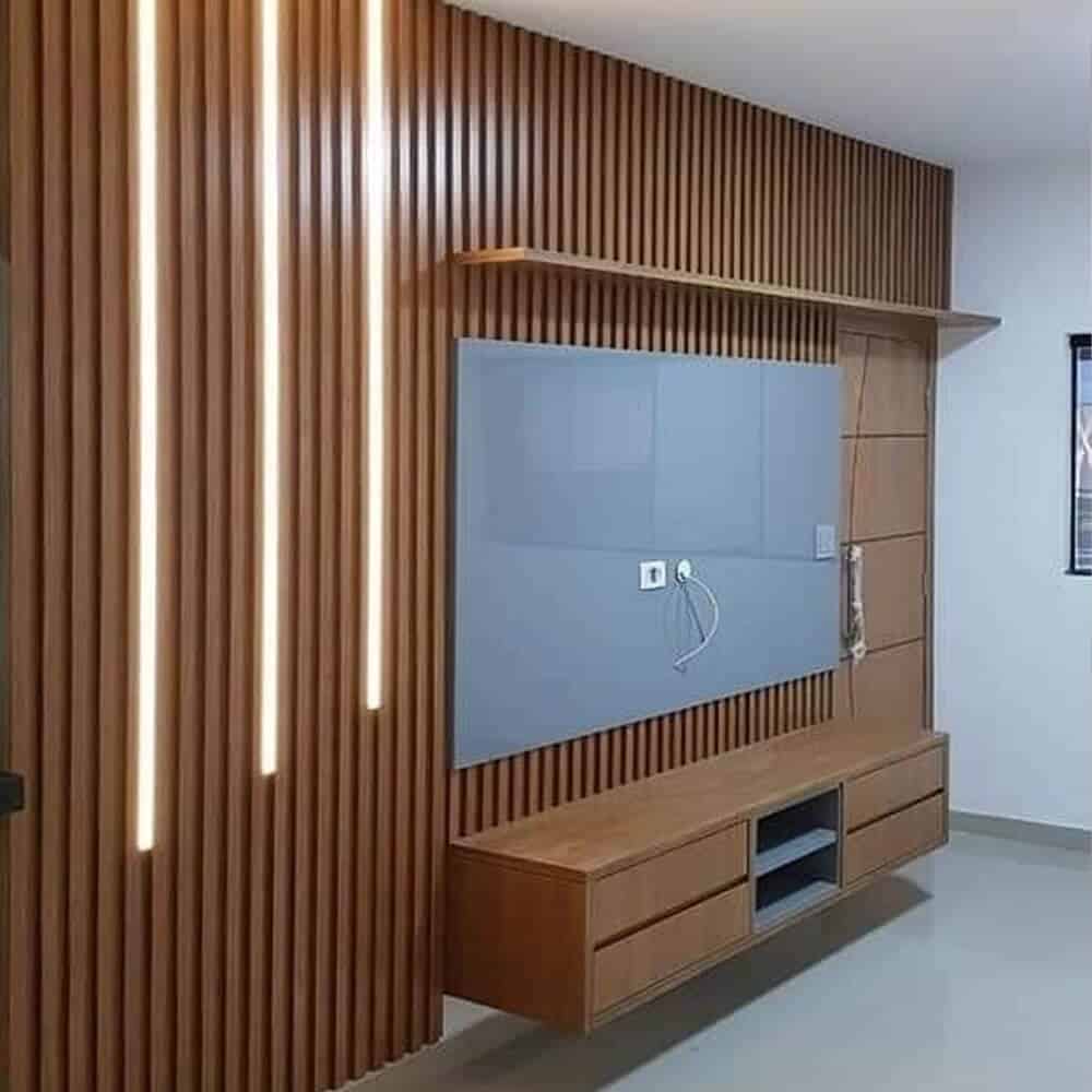 Vách Tivi 01 - Kệ gỗ công nghiệp Kết Hợp Vách Lam Nhựa Giả Gỗ Và Tấm Giả Đá