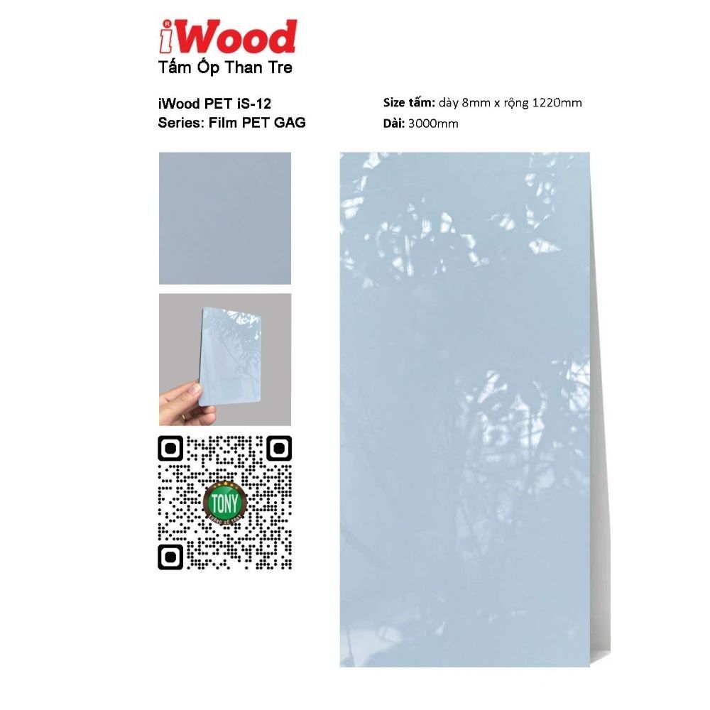 Tấm ốp than tre đơn sắc pet iS-12 Tấm ốp than tre đơn sắc PET iS-12 iWood - Màu xanh pastel bóng