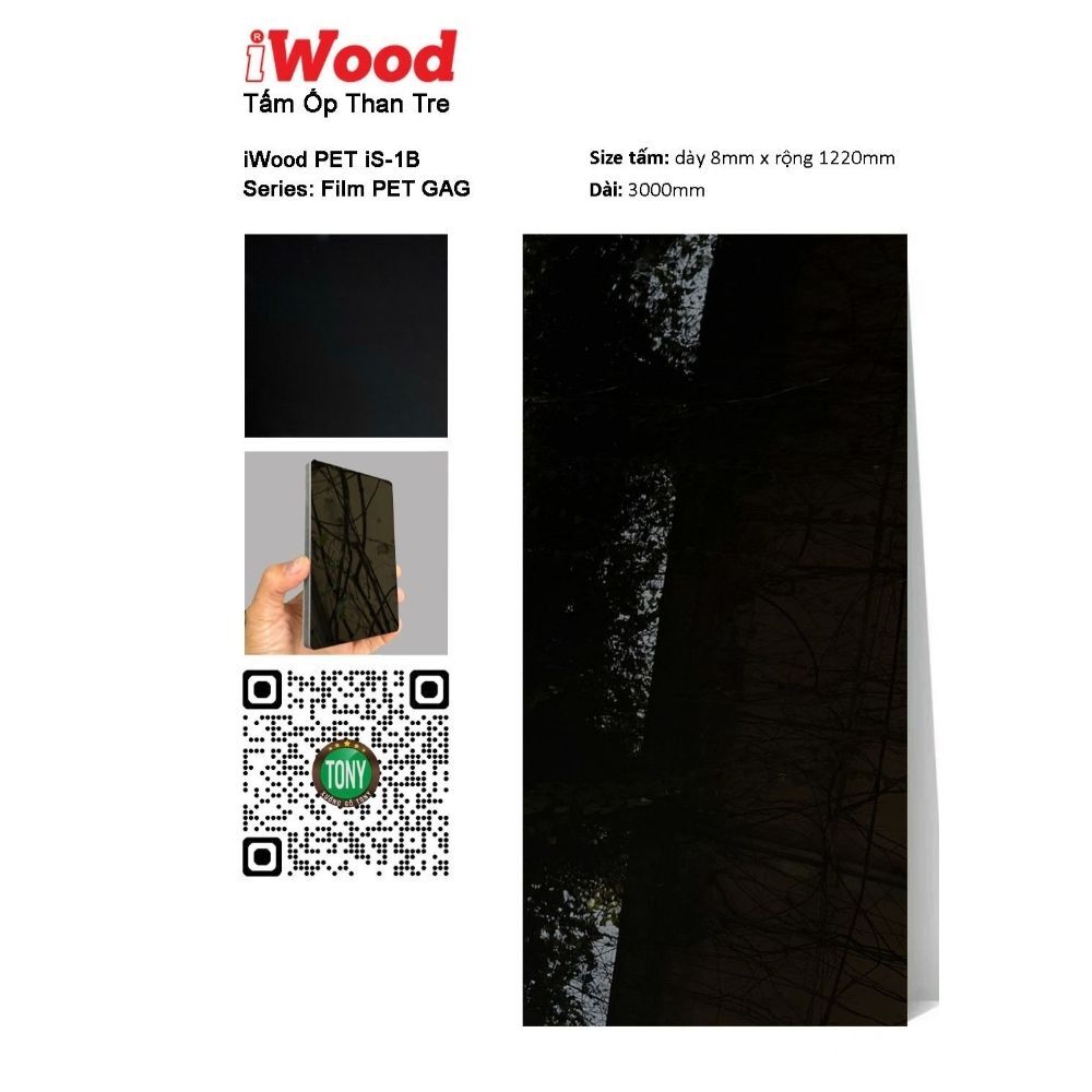 Tấm ốp than tre đơn sắc pet iS-1B Tấm ốp than tre đơn sắc PET iS-1B iWood - Màu đen bóng cao cấp