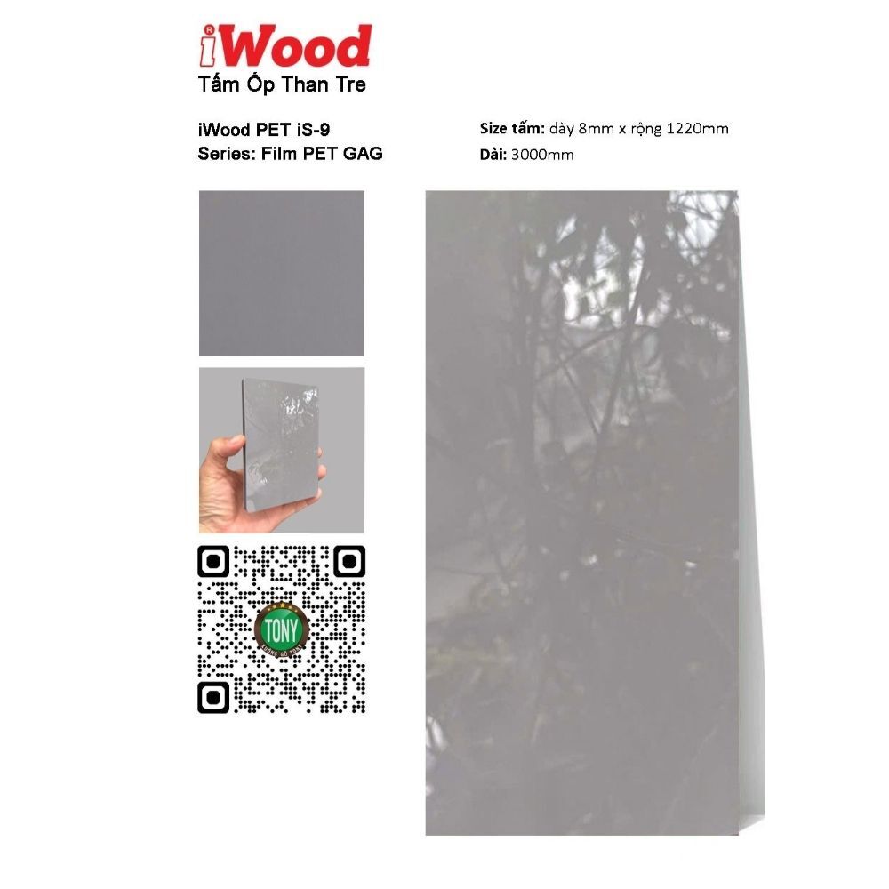 Tấm ốp than tre đơn sắc pet iS-9 Tấm ốp than tre đơn sắc PET iS-9 iWood - Màu xám bóng