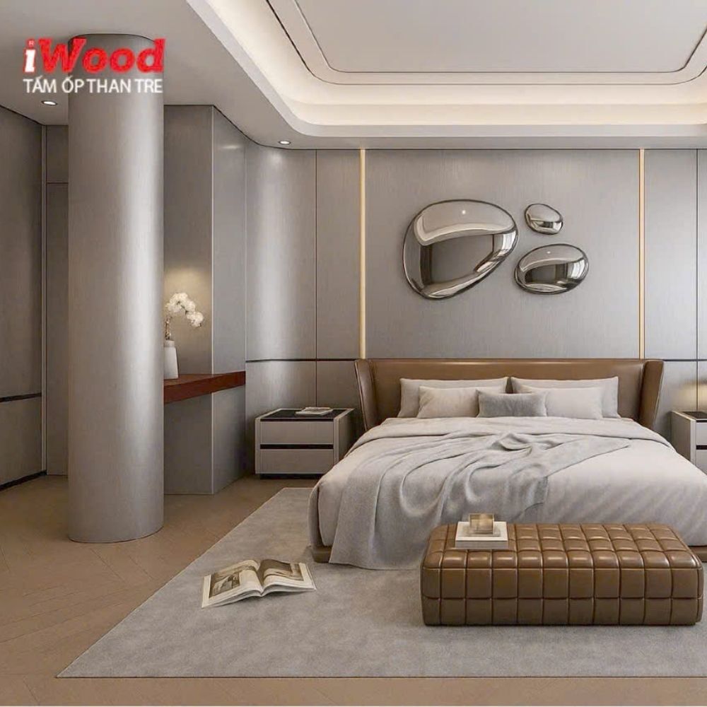 Tấm ốp than tre iWood MT-1 Ốp tường Tấm ốp than tre vân Inox xước MT-1 iWood - Màu bạc