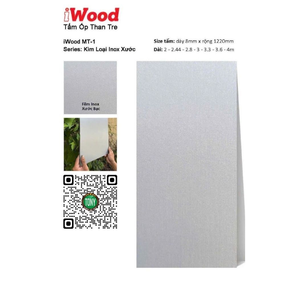 Tấm ốp than tre iWood MT-1 Tấm ốp than tre vân Inox xước MT-1 iWood - Màu bạc