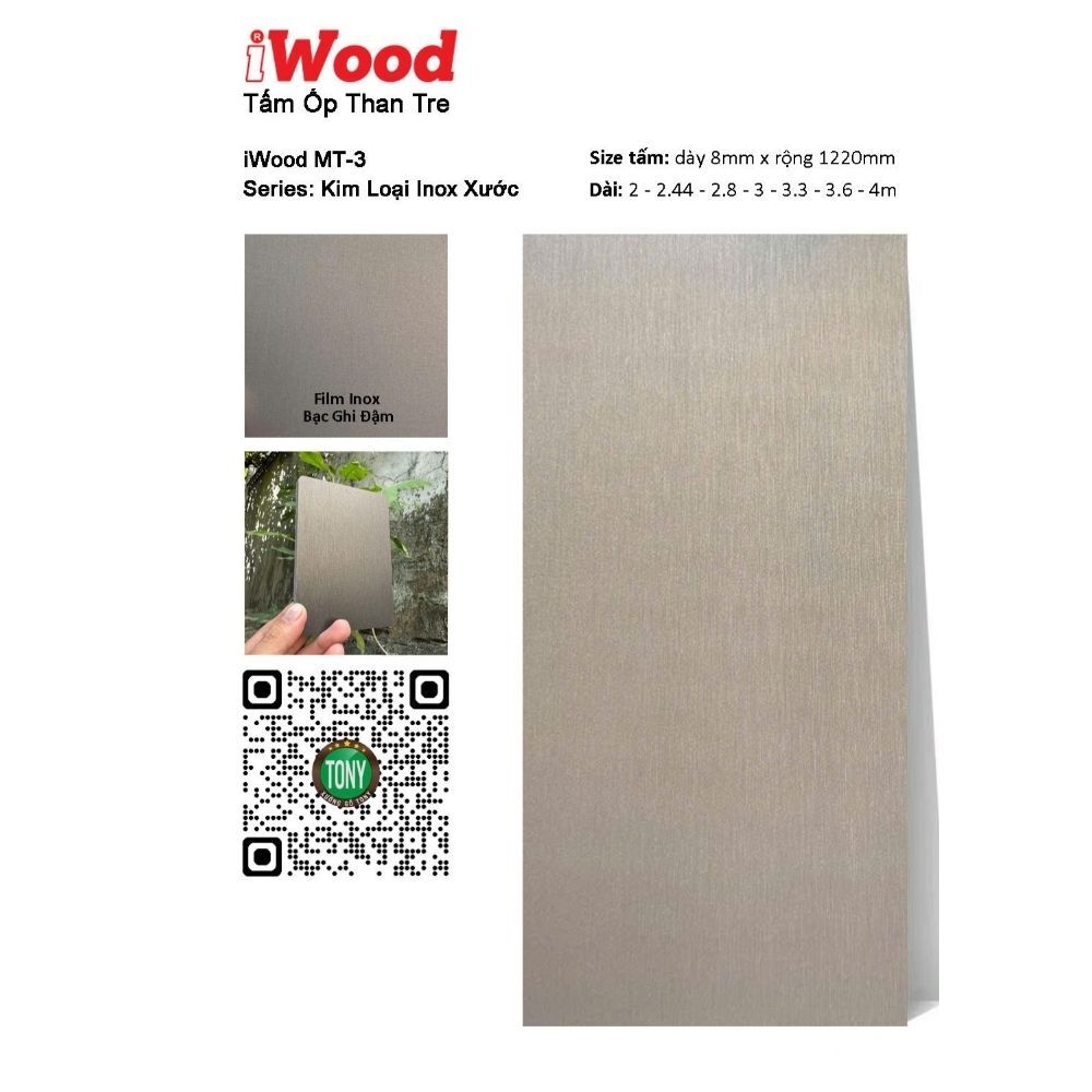 Tấm ốp than tre iWood MT-3 Tấm ốp than tre vân Inox MT-3 iWood - Màu bạc ghi đậm