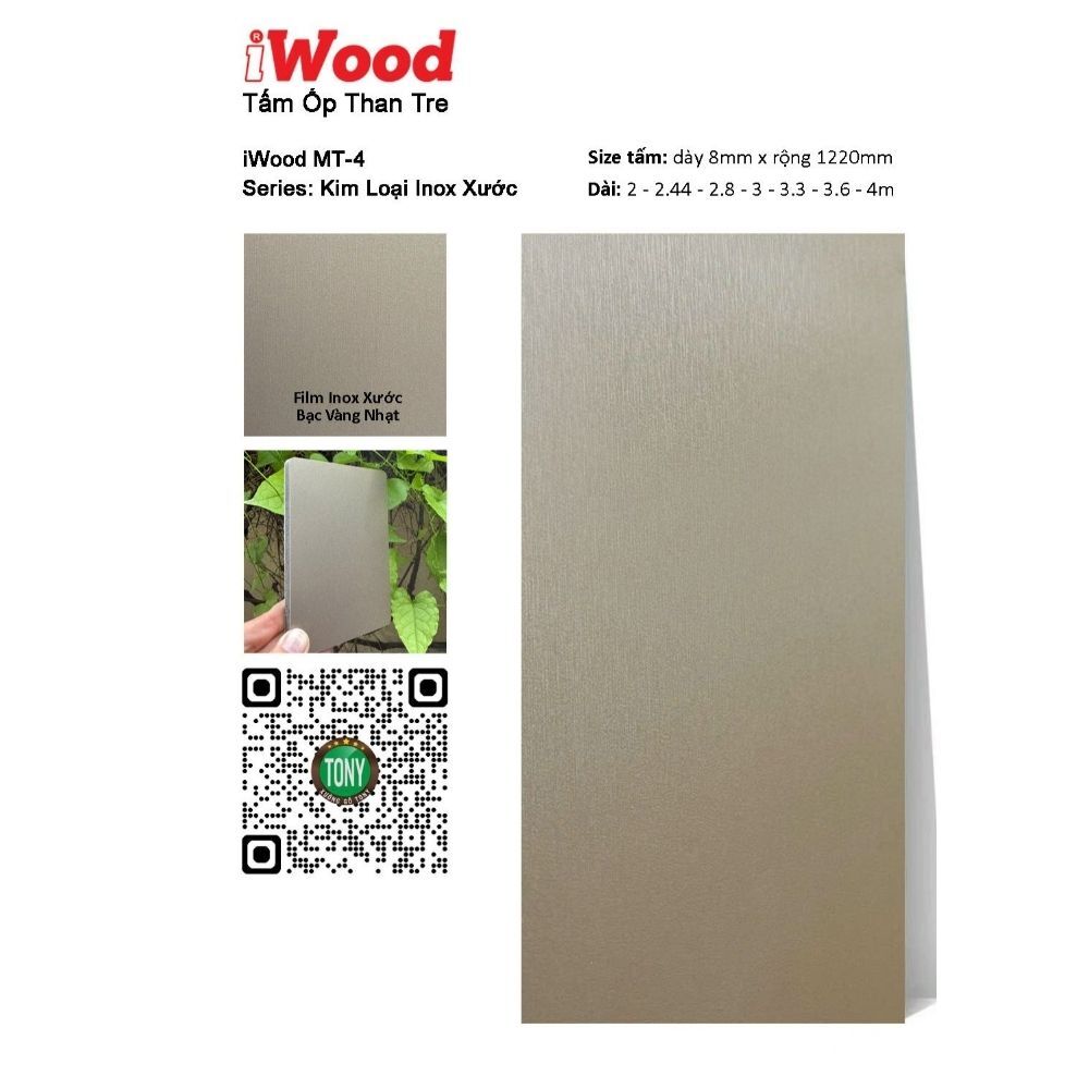 Tấm ốp than tre iWood MT-4 Tấm ốp than tre vân Inox MT-4 iWood - Màu bạc vàng nhạt