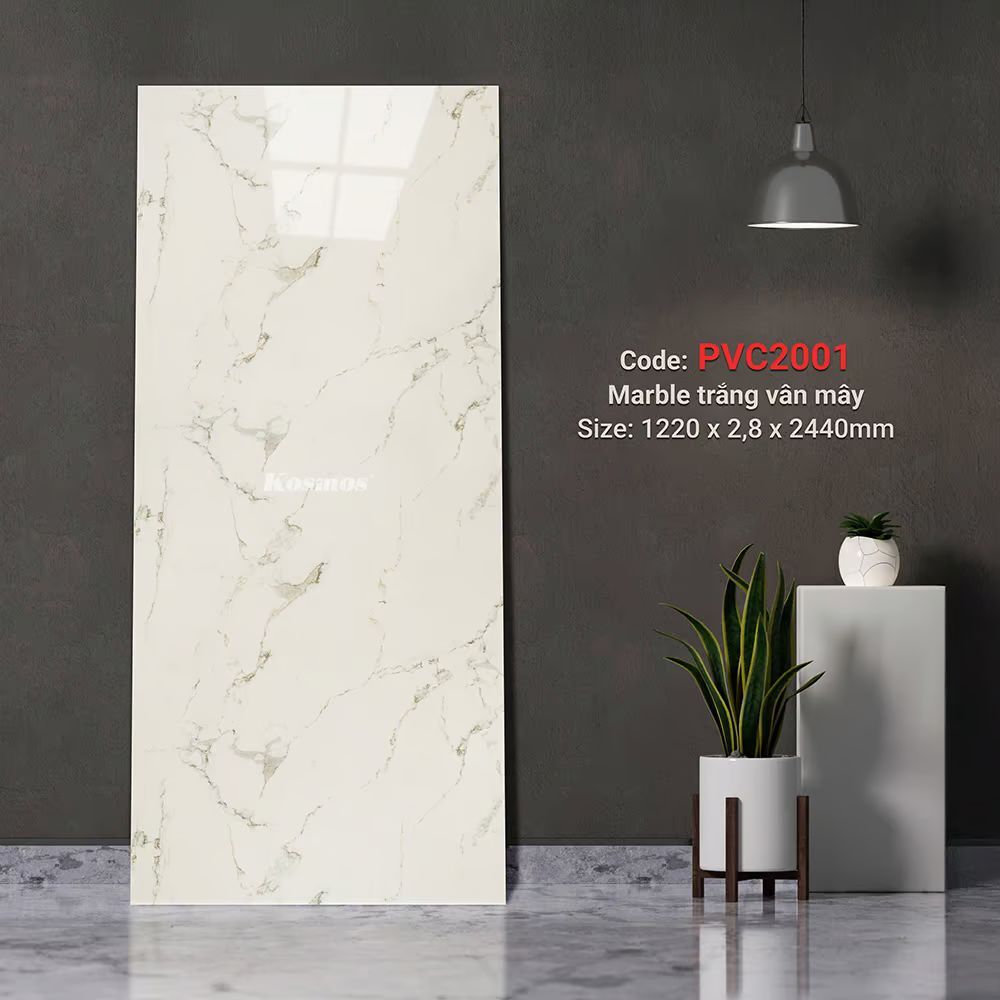 Ốp Tường PVC Vân Đá Marble Trắng Vân Mây Kosmos PVC2001 - Bảo Hành 5 Năm Tấm nhựa giả đá Kosmos 2001 - Mẫu Marble trắng vân mây