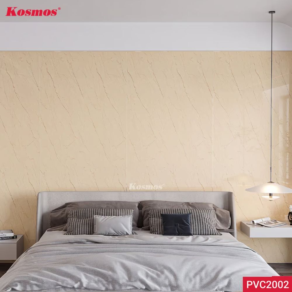 Ốp Tường PVC Vân Đá Marble Vàng Kem Vân Chỉ Nâu Kosmos PVC2002 - Sang Trọng & Bền Đẹp Ốp Tường PVC Vân Đá Marble Vàng Kem Vân Chỉ Nâu Kosmos PVC2002