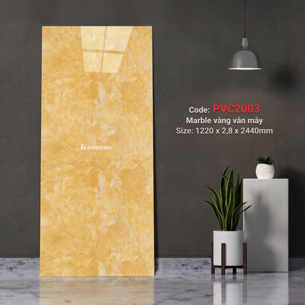 Ốp Tường PVC Vân Đá Marble Vàng Vân Mây Kosmos PVC2003 - Sang Trọng & Bền Đẹp Tấm nhựa ốp tường giả đá Kosmos 2003 - Mẫu Marble vàng vân mây