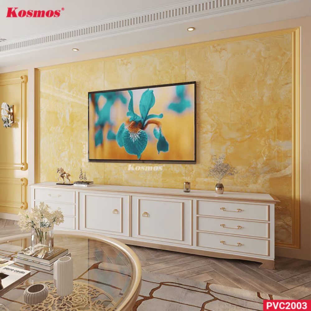 Ốp Tường PVC Vân Đá Marble Vàng Vân Mây Kosmos PVC2003 - Sang Trọng & Bền Đẹp Ốp Tường PVC Vân Đá Marble Vàng Vân Mây Kosmos PVC2003