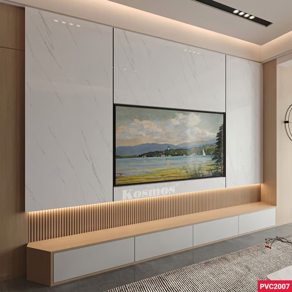 Ốp Tường PVC Vân Đá Marble Trắng Vân Chớp Kosmos PVC2007 - Đẳng Cấp Nội Thất Tấm nhựa ốp tường giả đá Kosmos 2007 - Mẫu Marble trắng vân chớp