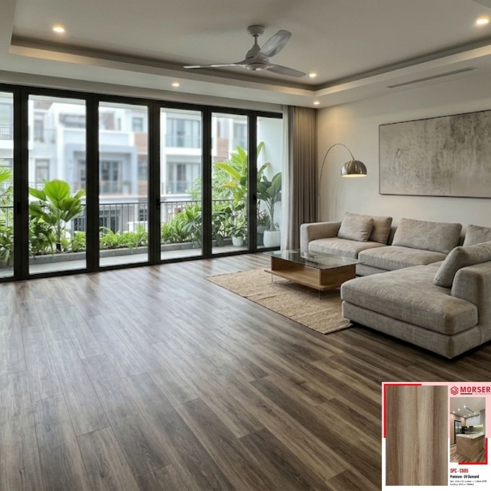 Sàn nhựa hèm khóa Morser C605 - Màu gỗ nâu xám ấm Sàn nhựa hèm khóa Morser C605 - Màu gỗ nâu xám ấm