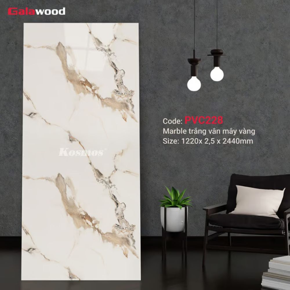 Nhựa Ốp Tường Giả Đá Trắng Vân Mây Vàng PVC228 Galawood - Đẳng Cấp & Sang Trọng Nhựa Ốp Tường Giả Đá Trắng Vân Mây Vàng PVC228 Galawood
