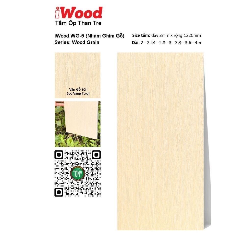 Tấm Ốp Than Tre Vân Gỗ WG-5 iWood - Màu Vàng Tươi Vân Sồi Sọc Tấm Ốp Than Tre Vân Gỗ WG-5 - Màu Vàng Tươi Vân Sồi Sọc
