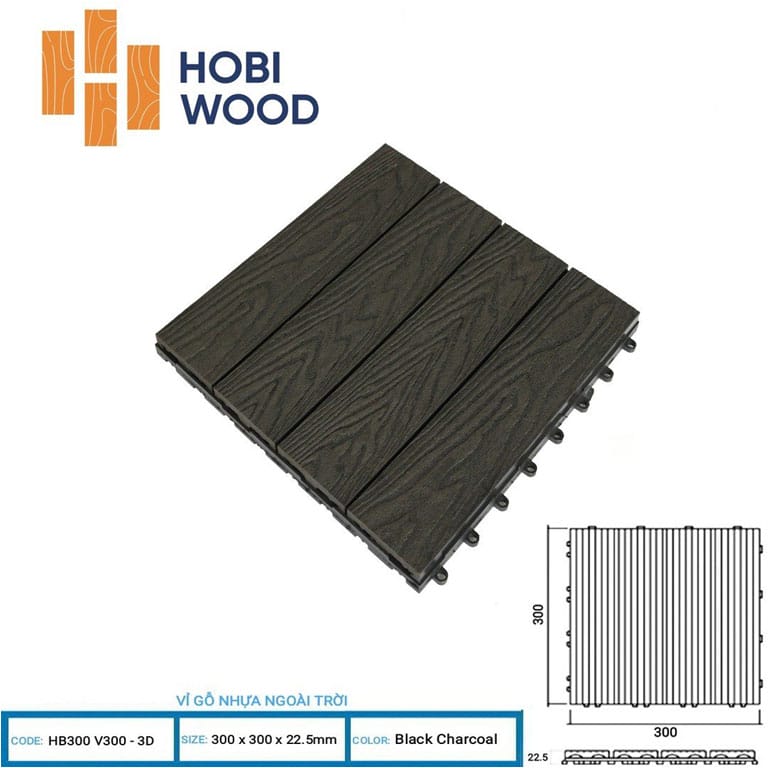 Vỉ gỗ nhựa ngoài trời Hobi Wood Black - Sàn gỗ ban công Sàn gỗ ban công Hobiwood 3D màu black - Vỉ gỗ nhựa ngoài trời
