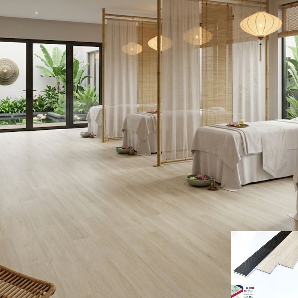 Sàn nhựa SPC vân gỗ Glotex US100 - Màu gỗ kem nhạt (Light Cream Oak) Sàn nhựa SPC vân gỗ Glotex US100 - Màu gỗ kem nhạt (Light Cream Oak)