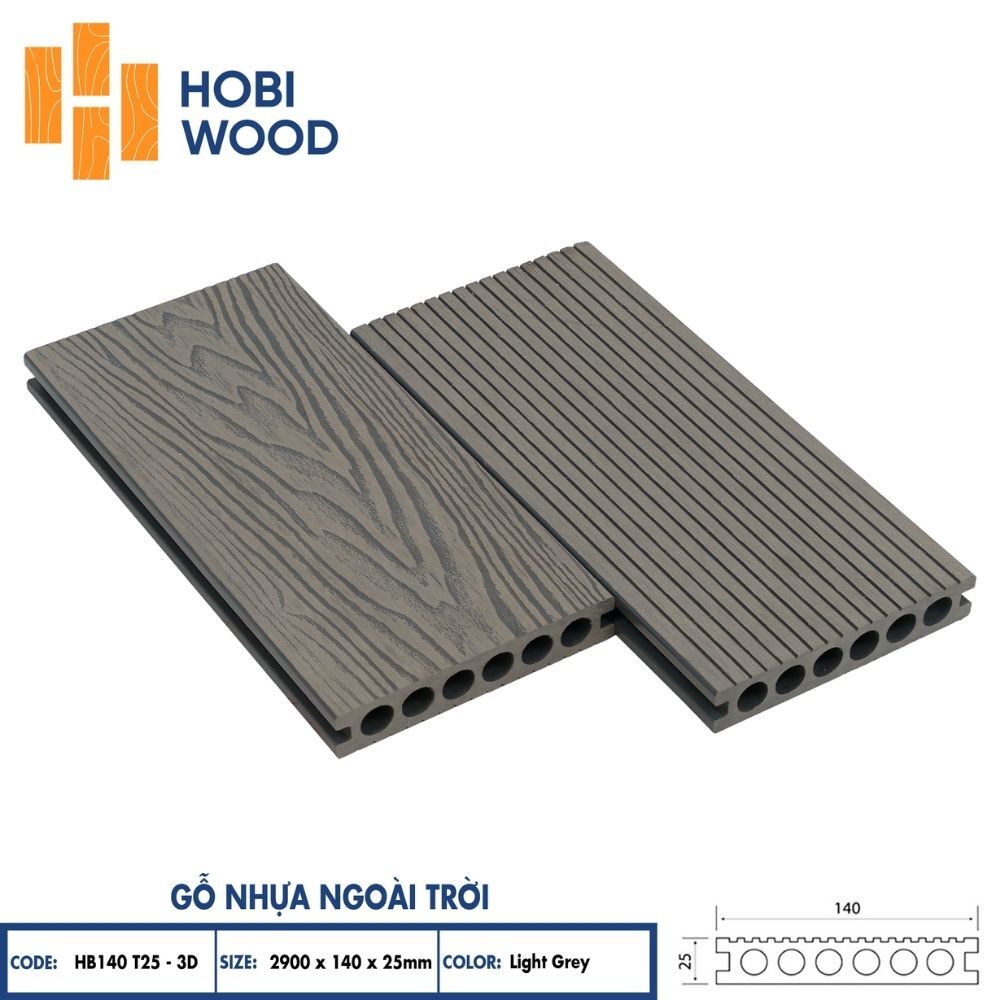 Sàn gỗ nhựa ngoài trời HB140T25 Grey - Sàn ngoài trời Hobiwood Sàn gỗ nhựa ngoài trời HB140T25 Grey - Sàn ngoài trời Hobiwood