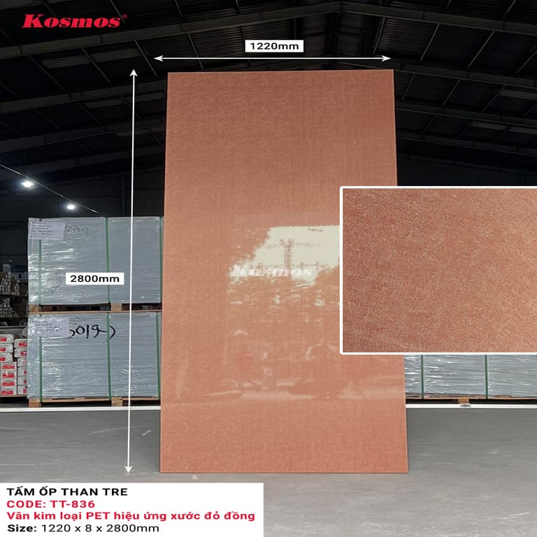 Tấm Ốp Than Tre Kosmos TT-836 - Vân Kim Loại PET Hiệu Ứng Xước Đỏ Đồng 4 Tấm Ốp Than Tre Kosmos TT-836 - Vân Kim Loại PET Hiệu Ứng Xước Đỏ Đồng