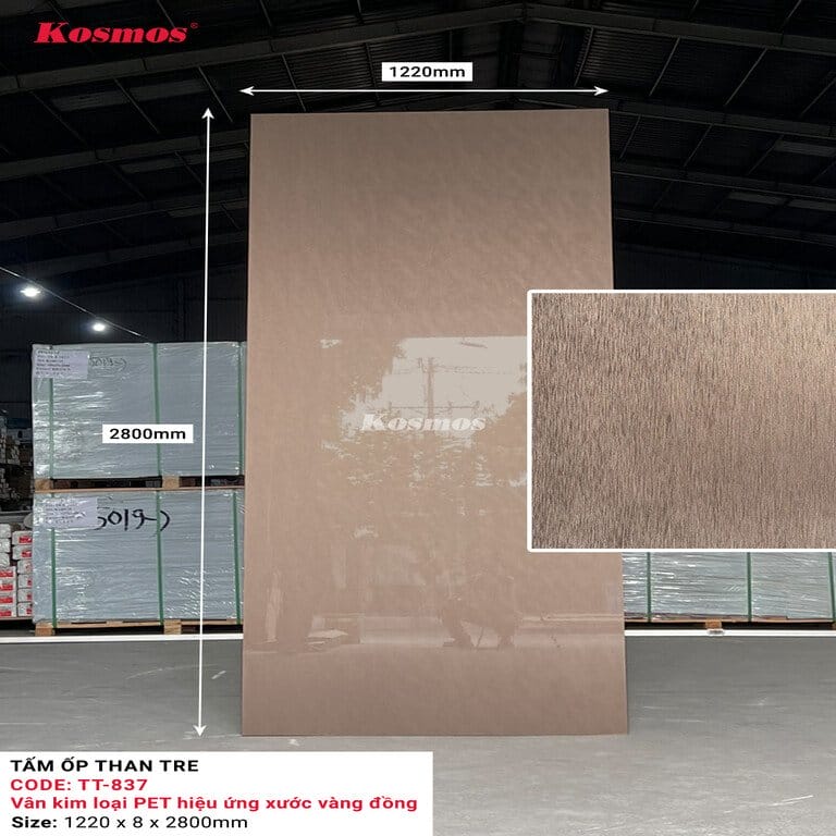 Tấm Ốp Than Tre Kosmos TT-837 - Vân Kim Loại PET Hiệu Ứng Xước Vàng Đồng 4 Tấm Ốp Than Tre Kosmos TT-837 Vân Kim Loại PET Hiệu Ứng Xước Vàng Đồng