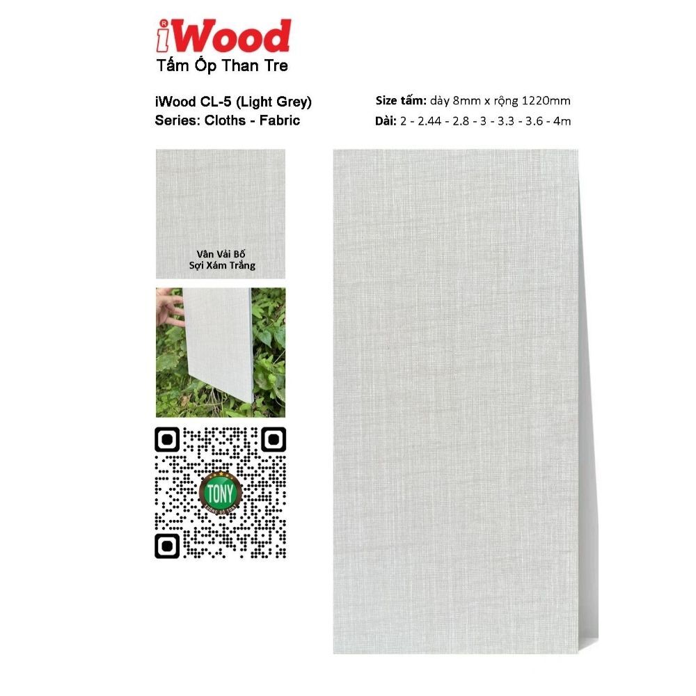 Tấm ốp than tre vân vải CL-5 iWood - Màu xám trắng sợi vải bố 4 Tấm ốp than tre vân vải CL-5 iWood - Màu xám trắng sợi vải bố