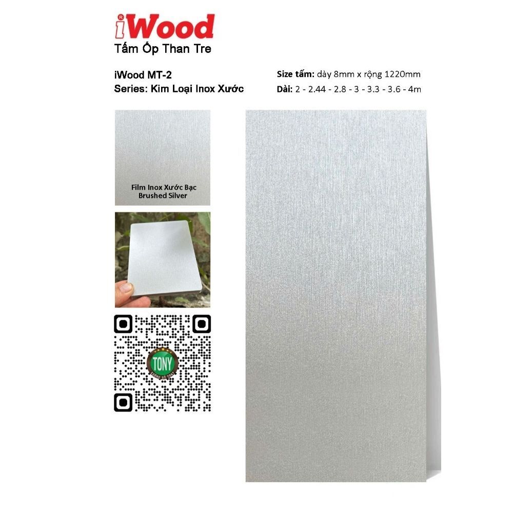 Tấm ốp than tre vân Inox xước MT-2 iWood - Màu bạc Brushed Silver Tấm ốp than tre vân Inox xước MT-2 iWood - Màu bạc Brushed Silver