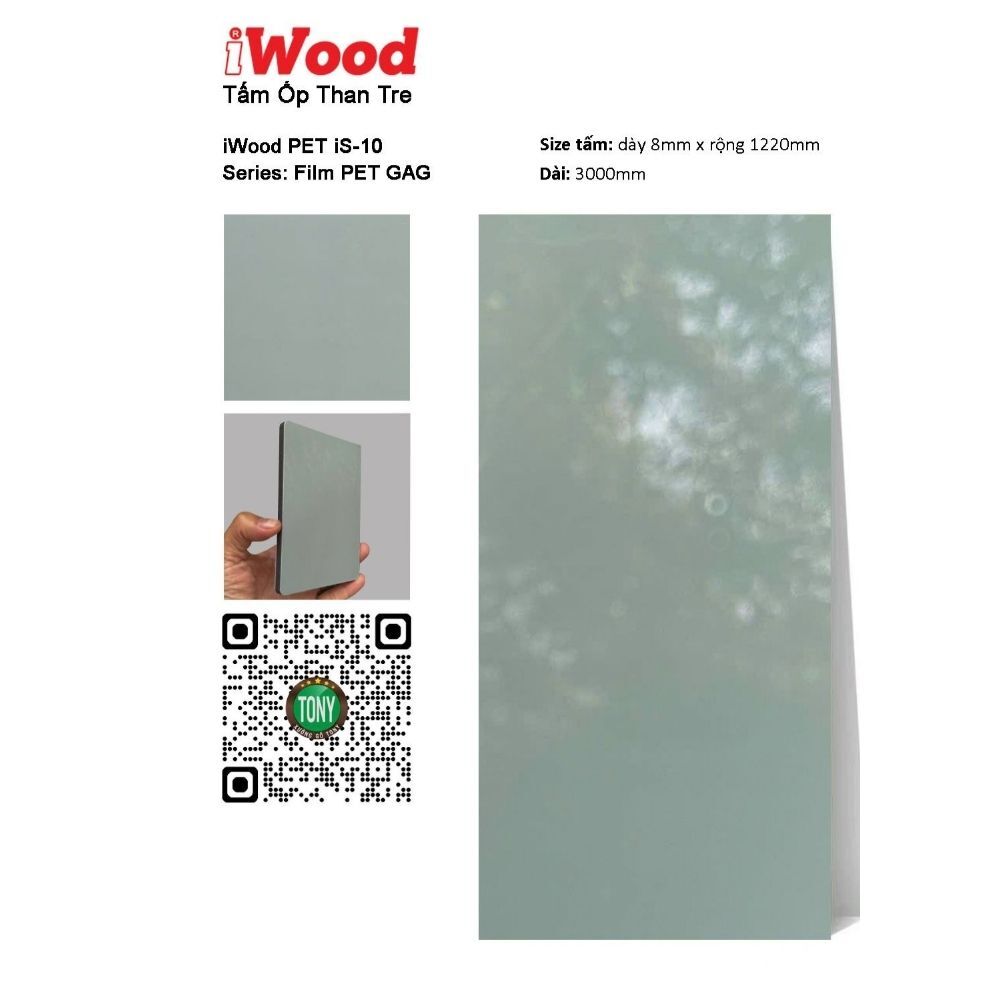 Tấm ốp than tre đơn sắc PET iS-10 iWood - Màu xanh sage bóng Tấm ốp than tre đơn sắc PET iS-10 iWood - Màu xanh sage bóng