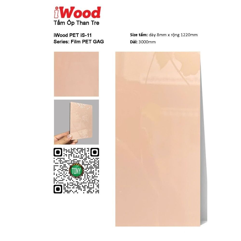 Tấm ốp than tre đơn sắc PET iS-11 iWood - Hồng nude bóng Tấm ốp than tre đơn sắc PET iS-11 iWood