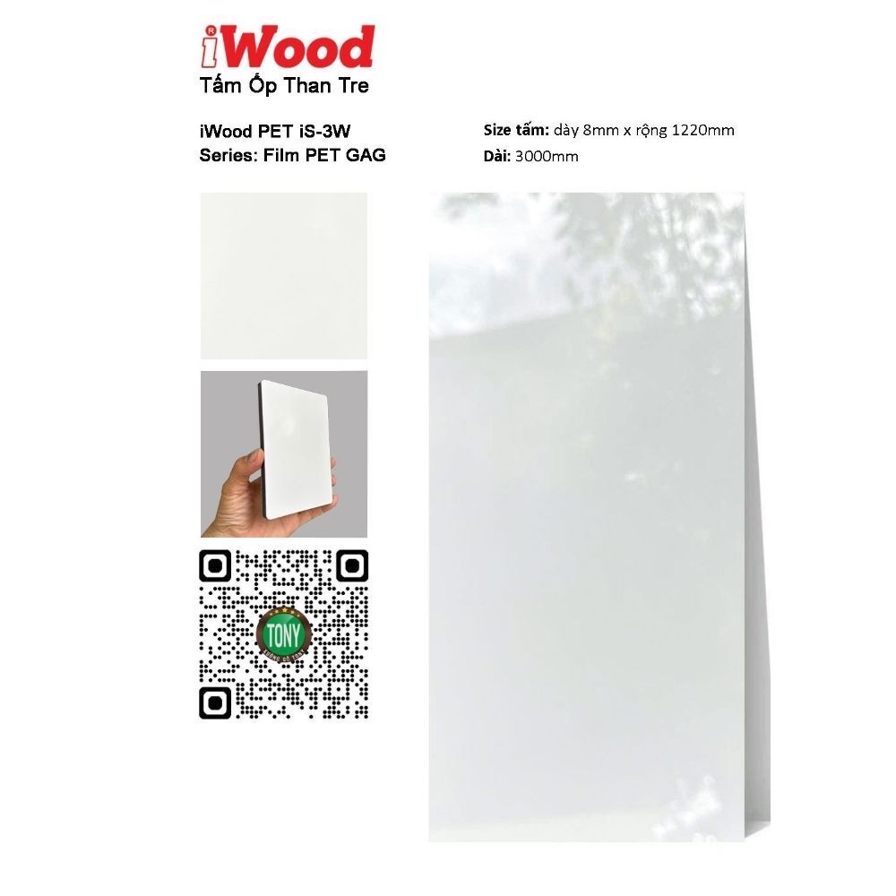 Tấm ốp than tre đơn sắc PET iS-3WW iWood - Màu trắng bóng Tấm ốp than tre đơn sắc PET iS-3WW iWood - Màu trắng bóng