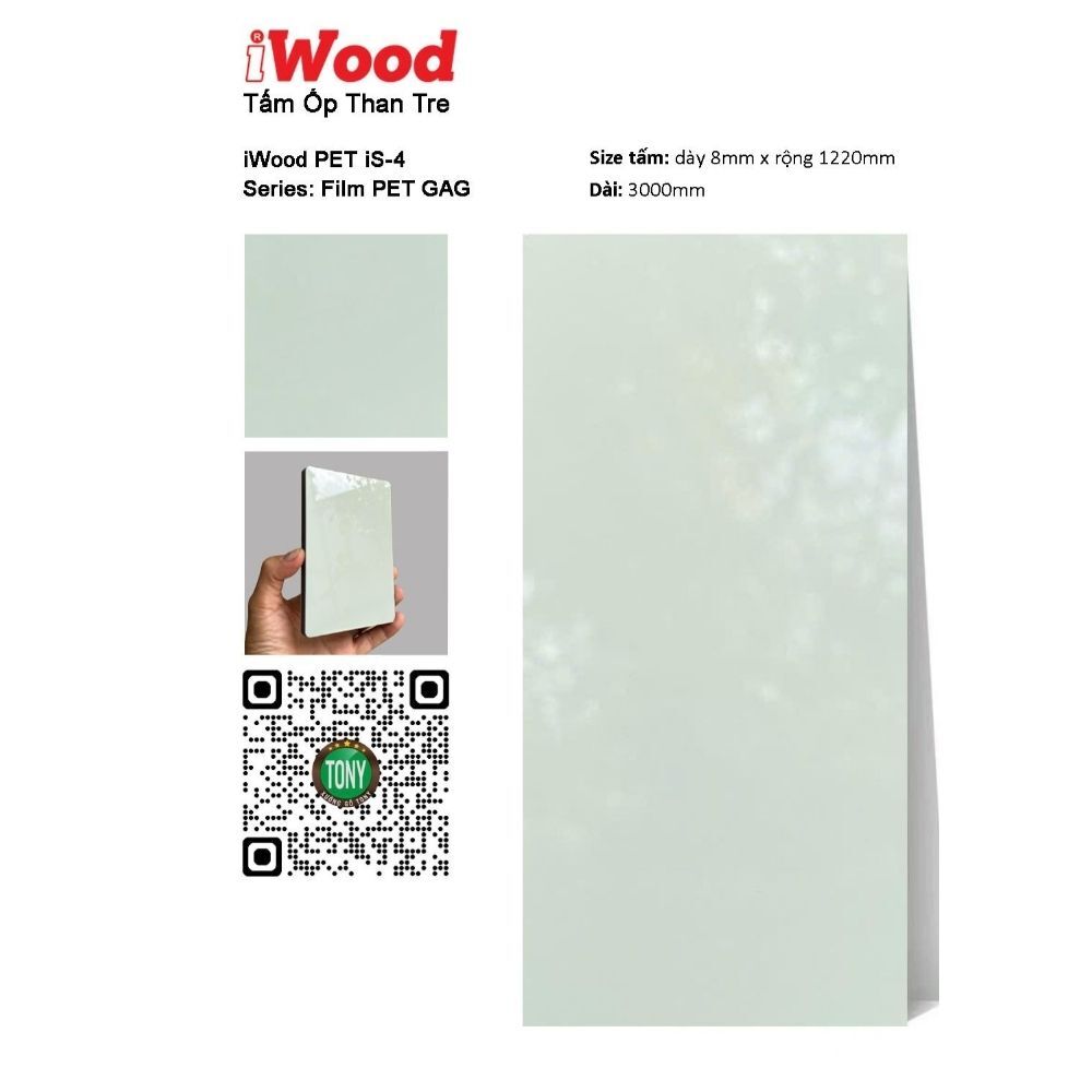 Tấm ốp than tre đơn sắc PET iS-4 iWood - Màu xanh mint bóng Tấm ốp than tre đơn sắc PET iS-4 iWood - Màu xanh mint bón