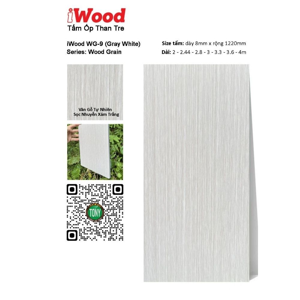 Tấm ốp than tre vân gỗ WG-9 Tấm Ốp Than Tre Vân Gỗ WG-9 iWood - Màu Xám Trắng Vân Sọc Nhuyễn